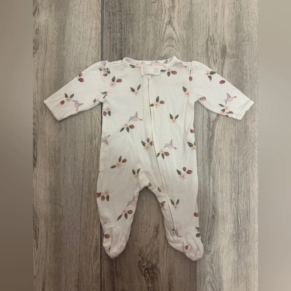 Carter's White Footie One Piece with hummingbird and strawberry  Print